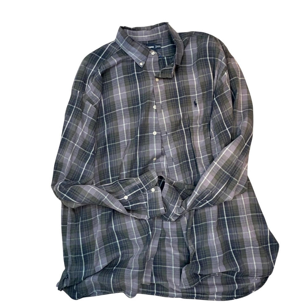 Vintage Ralph Lauren McMeel Plaid Button Down Shirt XXL Purple Green Cotton